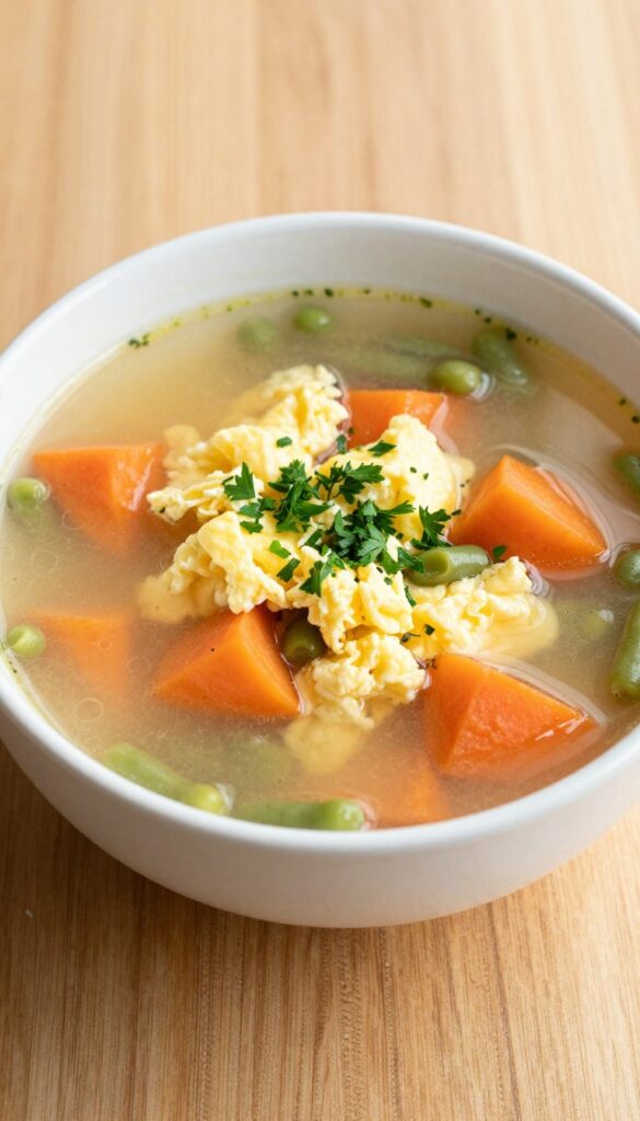 A bowl of homemade dog-friendly veggie broth with carrots, green beans, and scrambled egg pieces, served as a hydrating meal topper.