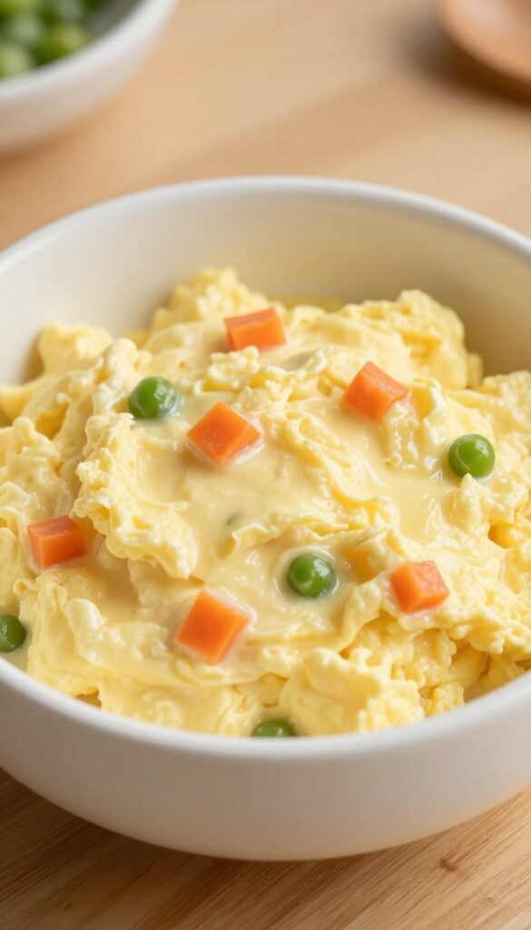 Homemade scrambled eggs with carrots and green beans in a dog bowl, a budget-friendly dog food idea.