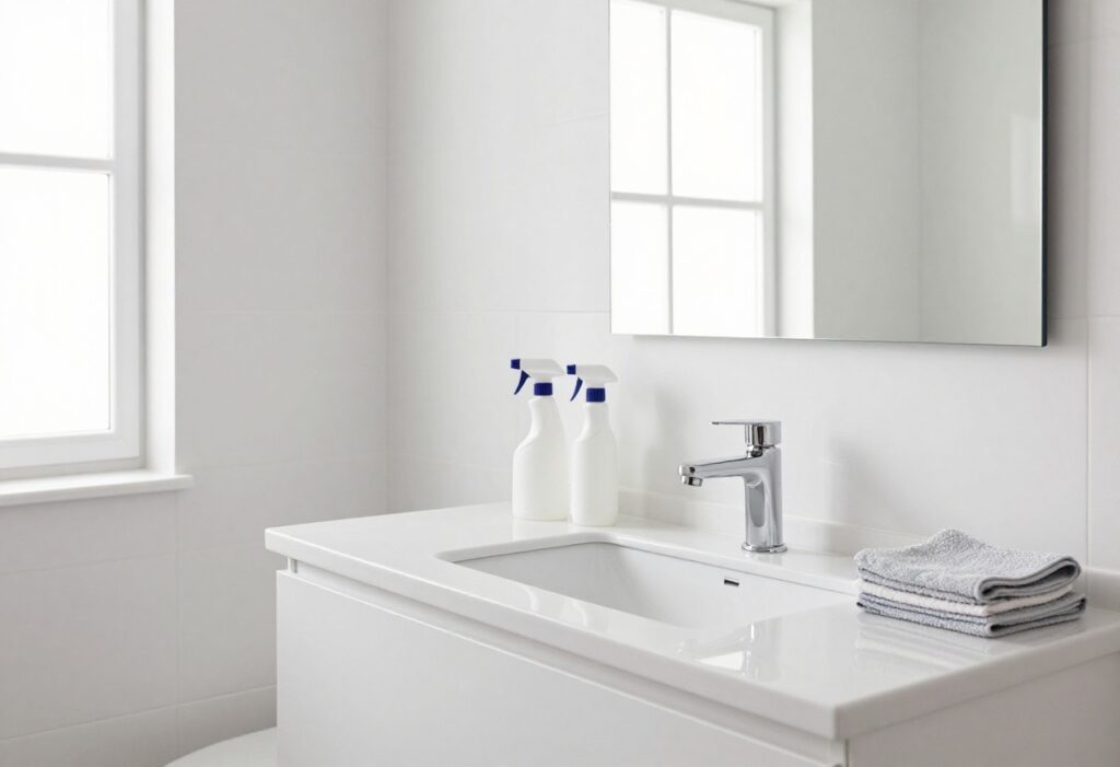 Bright clean bathroom with cleaning supplies on counter