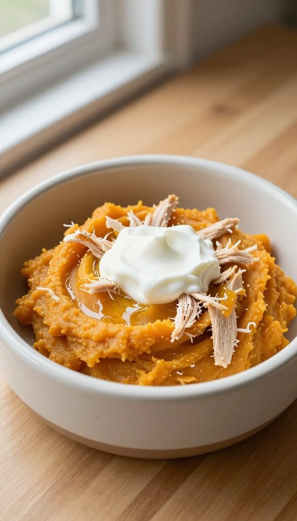 Homemade dog food bowl with chicken and sweet potato mash, topped with yogurt and coconut oil, on a wooden table in natural light.