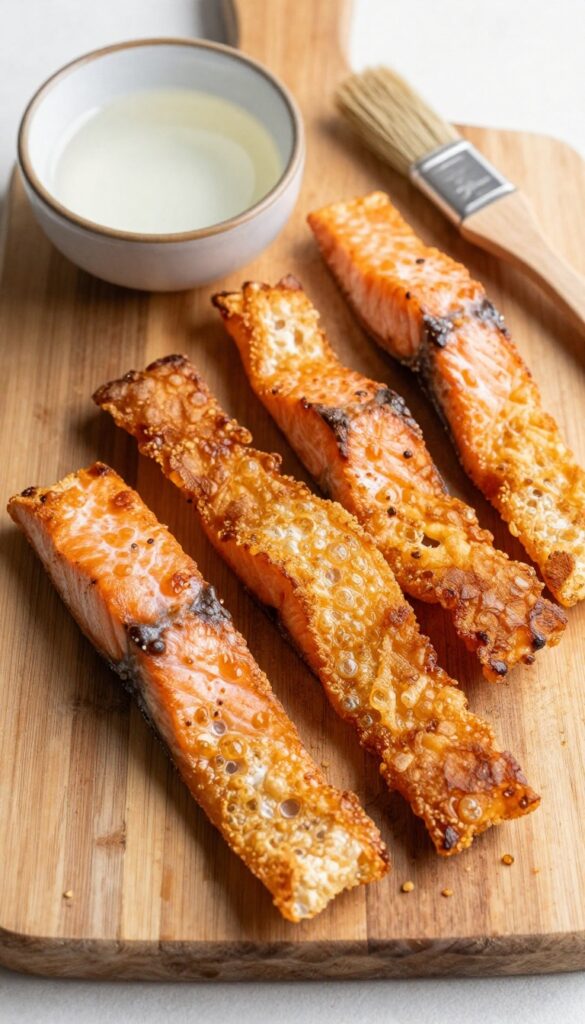 Homemade salmon skin crisps for dogs arranged on a wooden board with coconut oil nearby.
