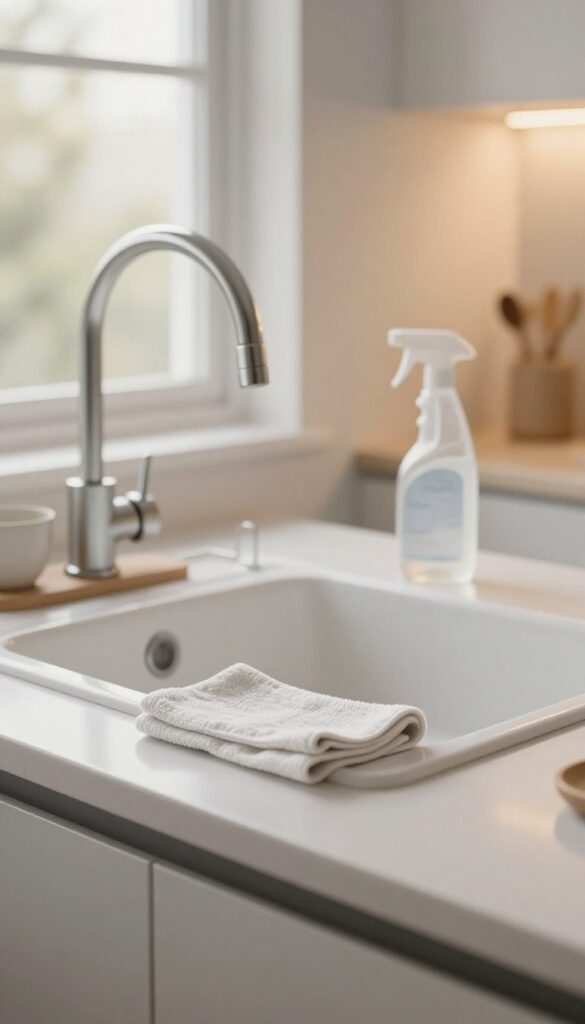 Clean kitchen countertop with sink, microfiber cloth, and spray bottle in evening light