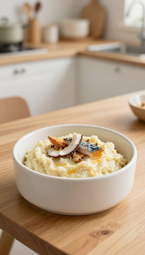Homemade dog food bowl with mackerel and sweet potato mash, topped with coconut oil, on a wooden table in natural light.