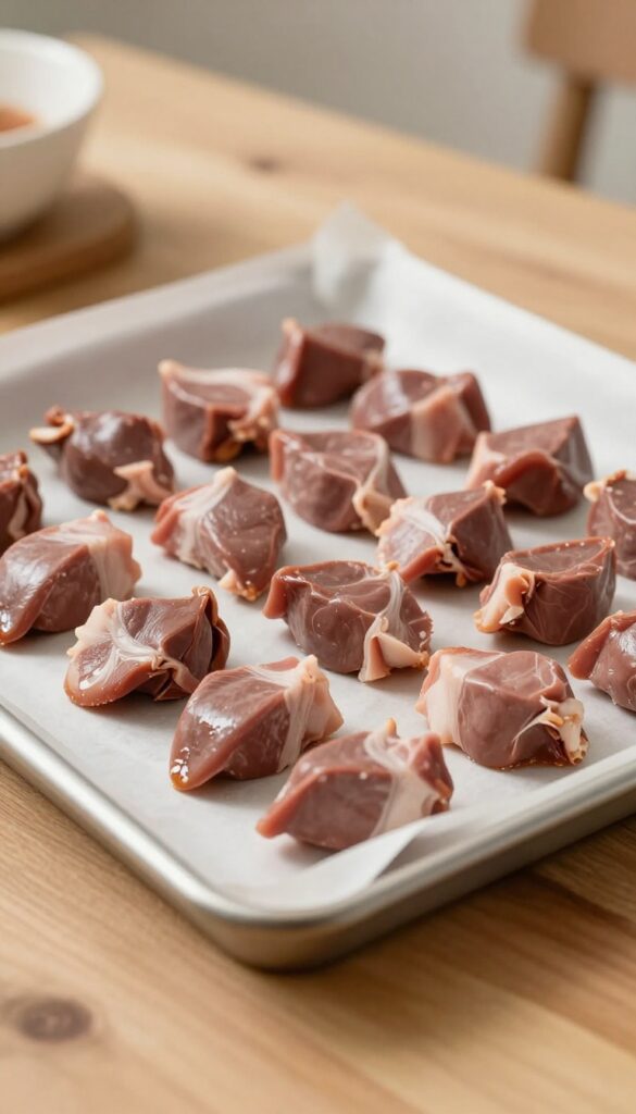 Baked pork heart training bites for dogs, small meat cubes on a baking sheet.
