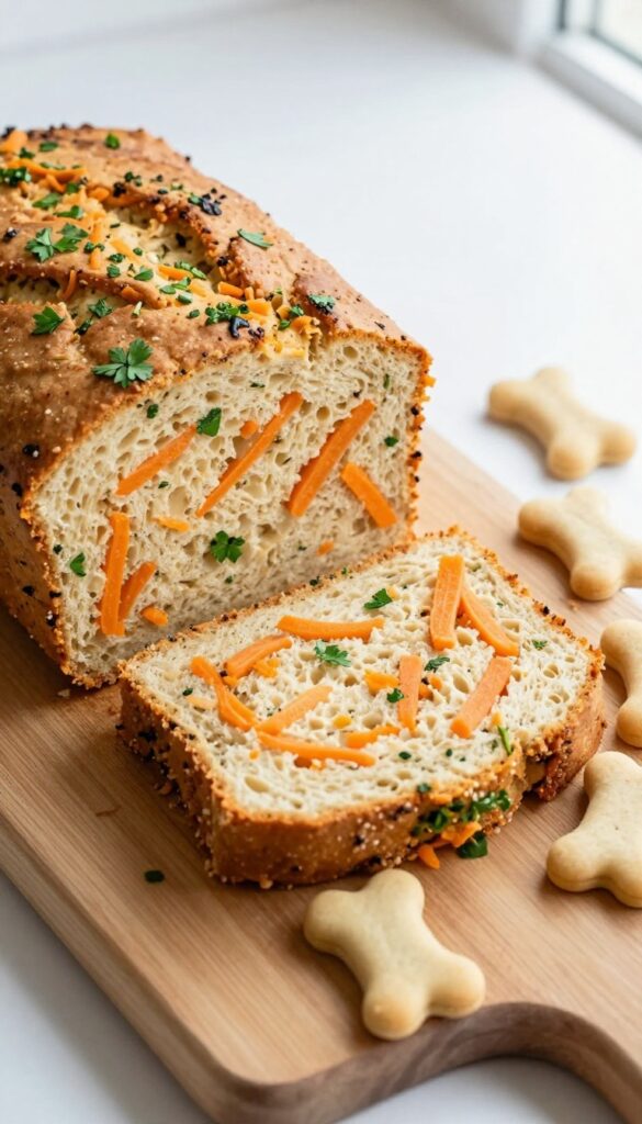 Homemade chicken and carrot dog food loaf sliced into pieces on a wooden board, with bone-shaped cutouts, bright natural lighting.