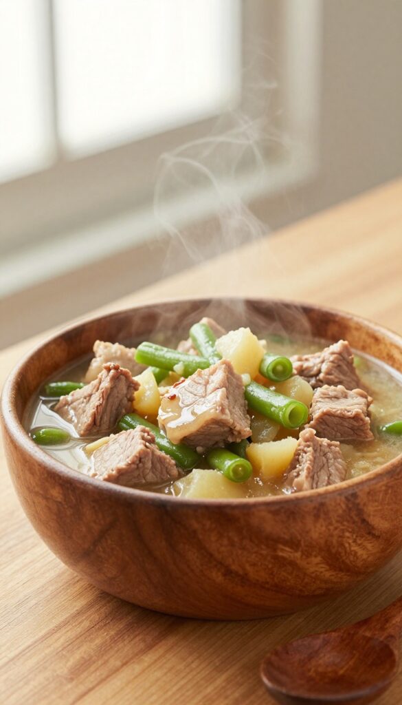 Homemade dog stew with pork and apple in a wooden bowl