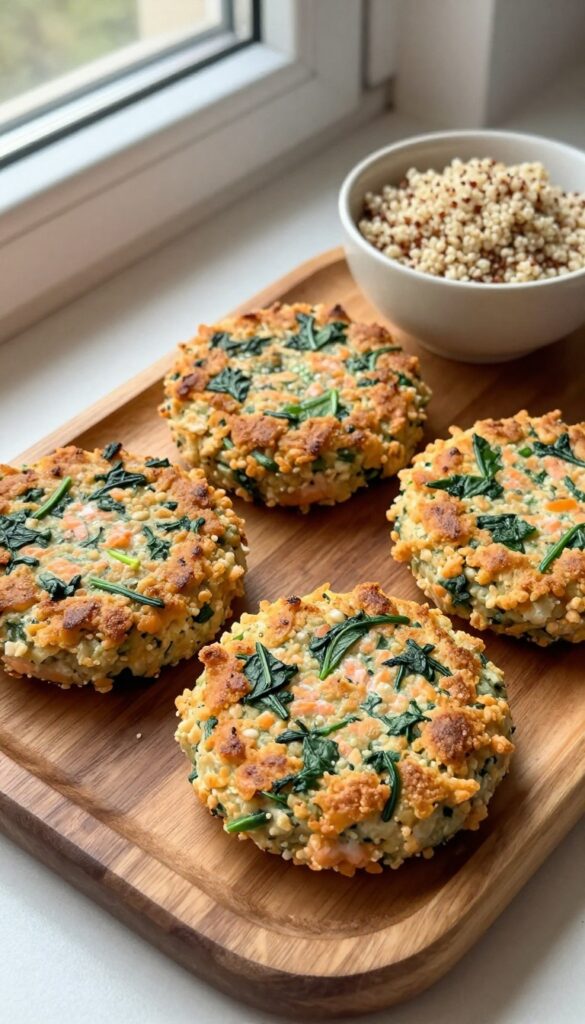 Homemade salmon and spinach dog patty on a wooden plate, with quinoa and spinach leaves in the background.