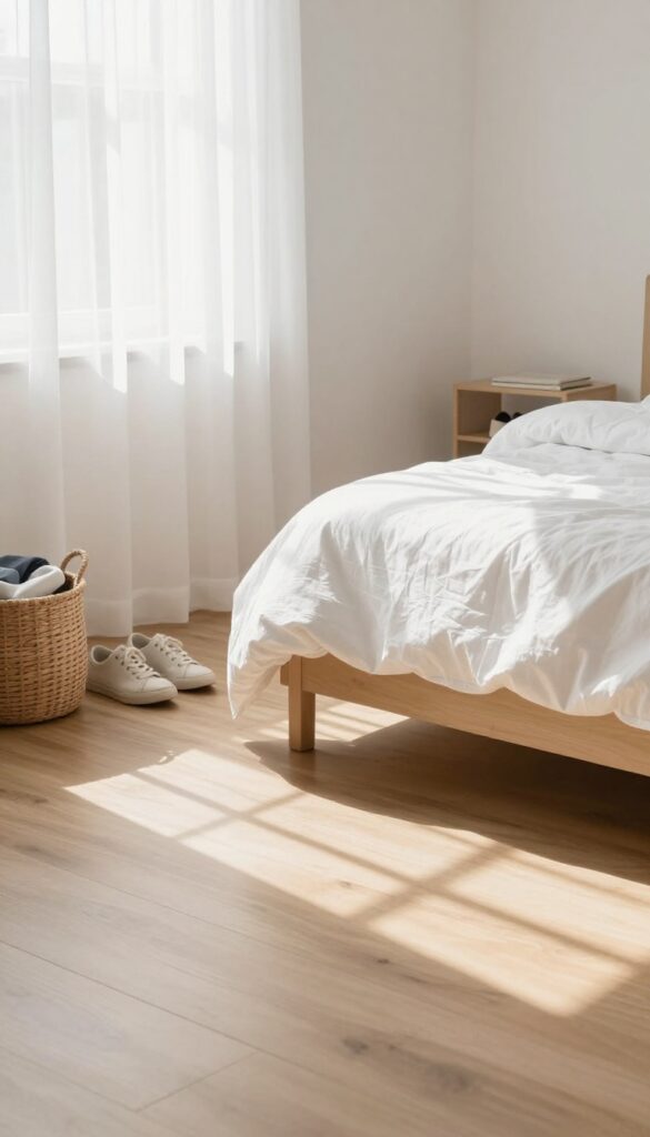 Clean bedroom floor with shoes neatly stored on a rack, no clutter, bright natural light