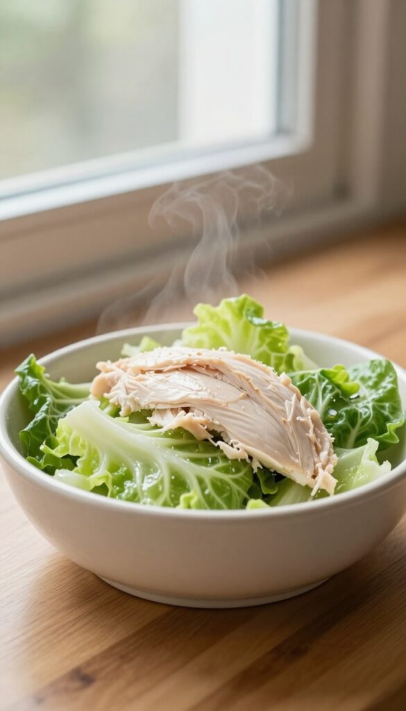 Dog bowl with steamed cabbage and shredded chicken topper on kitchen counter