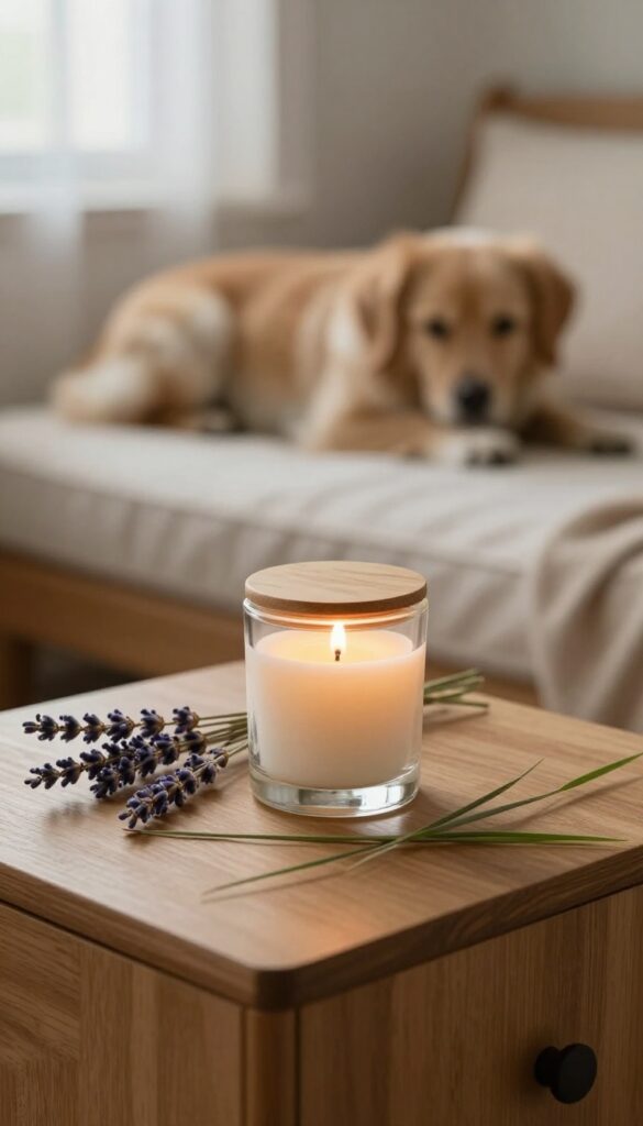 Scent memory candle on nightstand with lavender and grass, dog bed in background