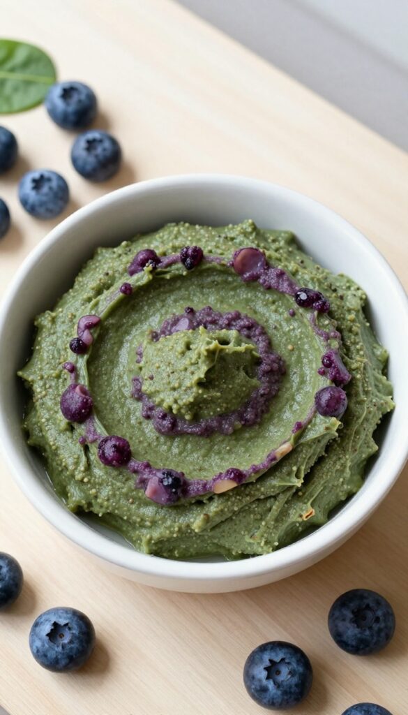 Homemade blueberry and spinach dog treat paste in a white bowl, with fresh ingredients on a wooden surface, natural lighting.