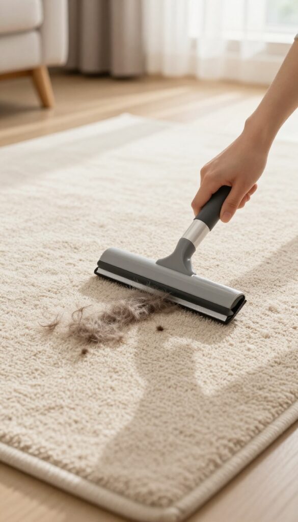 Person using a rubber squeegee to remove pet hair from a beige rug in a sunlit living room.