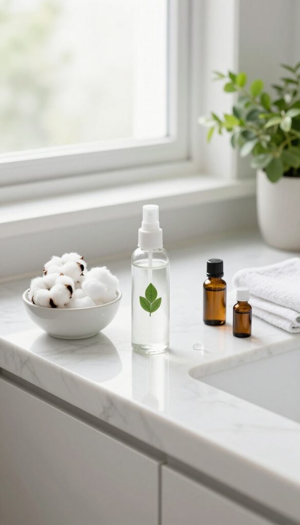 Bathroom counter with DIY essential oil cleaning spray and cotton balls, natural light, fresh and clean aesthetic.