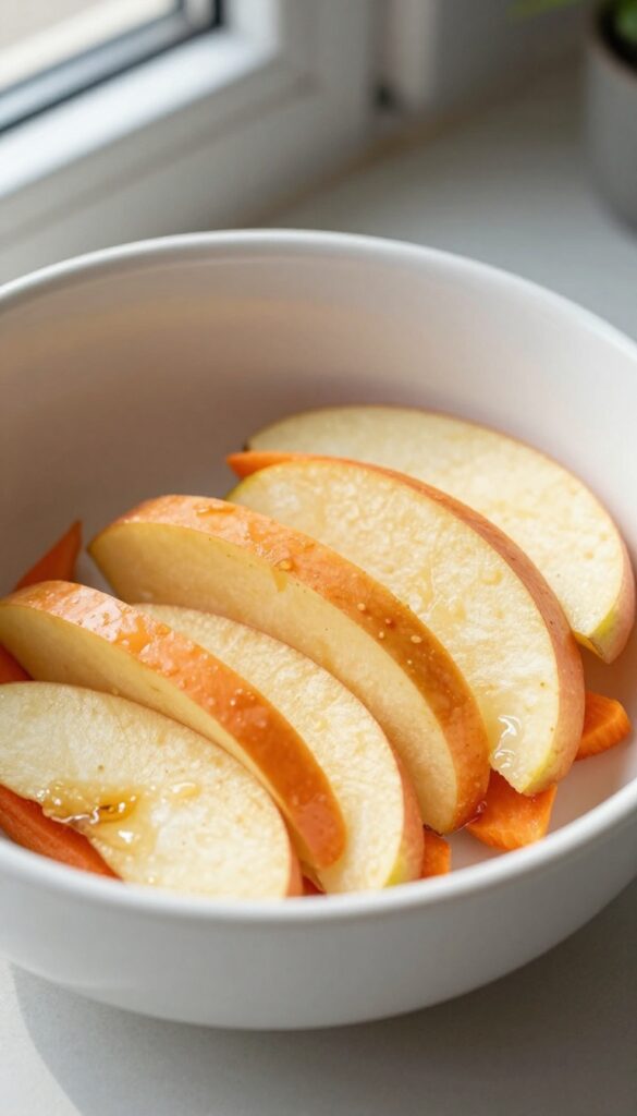 Homemade apple and carrot crunchies dog treats arranged in a white bowl on a wooden table, natural lighting.