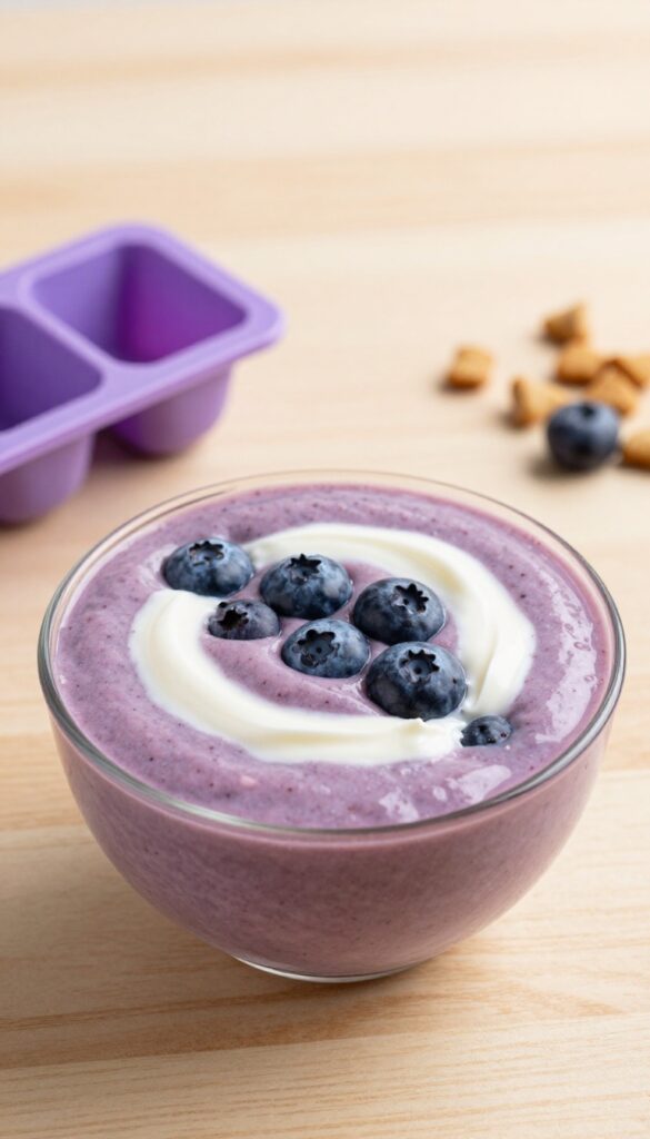 Homemade mackerel and blueberry smoothie bowl for dogs, with frozen treat cubes and kibble, on a wooden table.