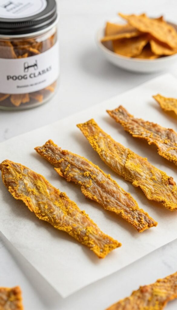 Homemade trout jerky chips for dogs, crispy and golden, arranged on a baking sheet with a bowl and treat jar nearby.