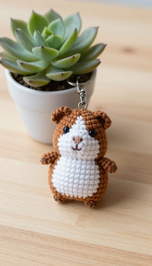 Crochet guinea pig keychain charm on a wooden table with a succulent