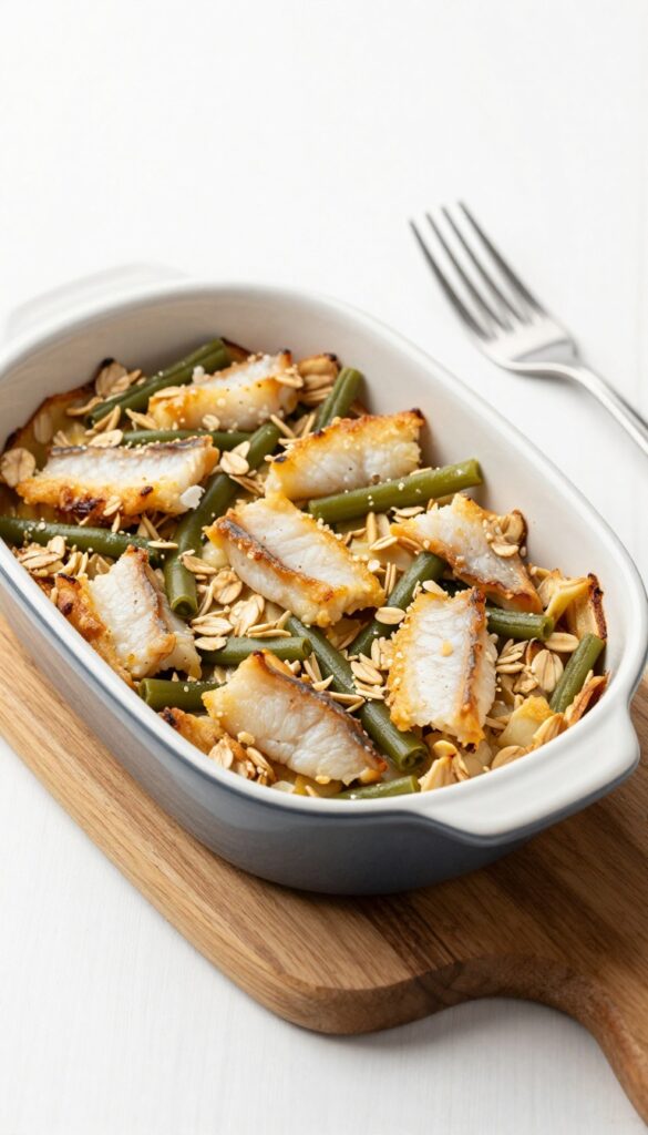Homemade dog food casserole with haddock, green beans, and oat topping in a baking dish on a wooden table.