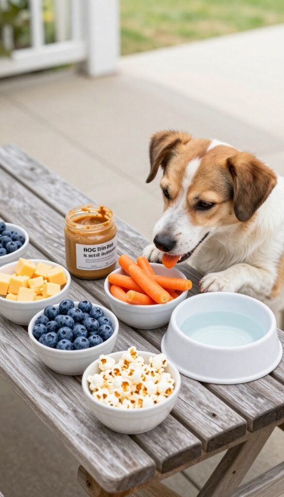 DIY doggy treat bar on a picnic table with bowls of toppings and a dog sniffing