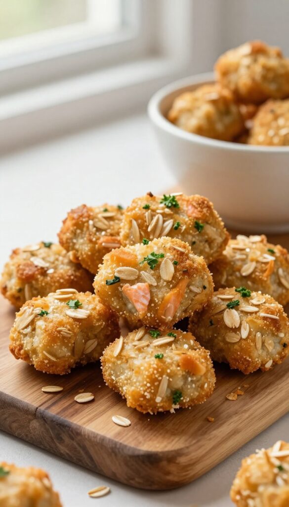 Homemade salmon and oat dog food nuggets arranged on a wooden board with a dog bowl, showcasing a healthy dog treat recipe.