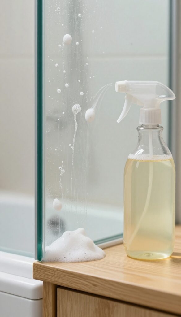 Close-up of a glass shower door being cleaned with white vinegar and dish soap spray, spray bottle on shelf, bright natural light.