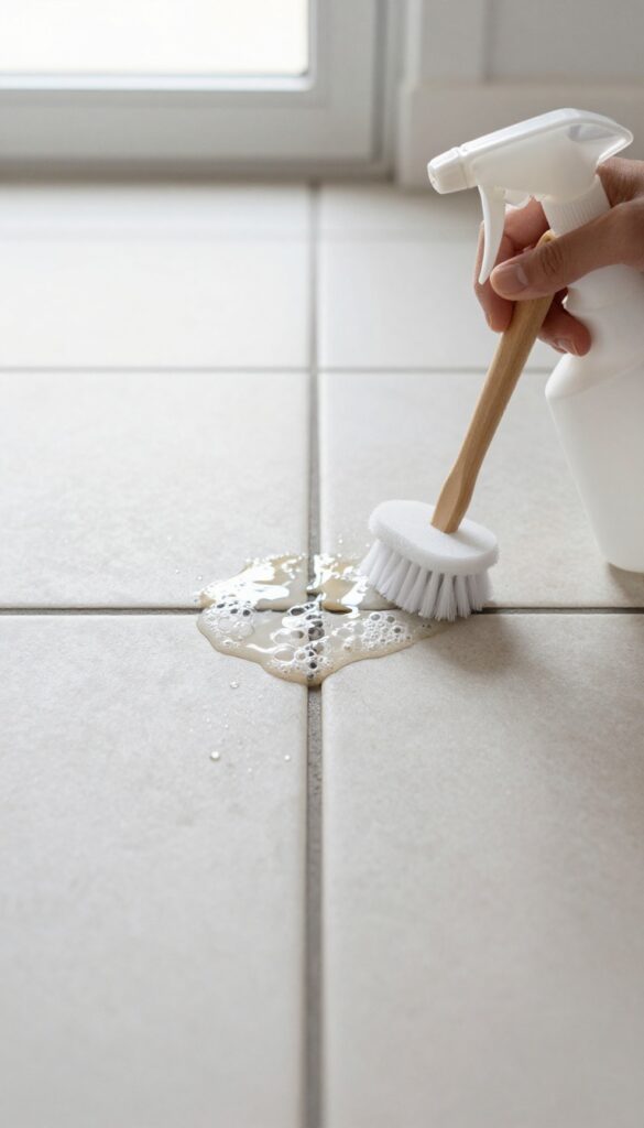 Hydrogen peroxide bubbling on grout stain with cleaning tools nearby