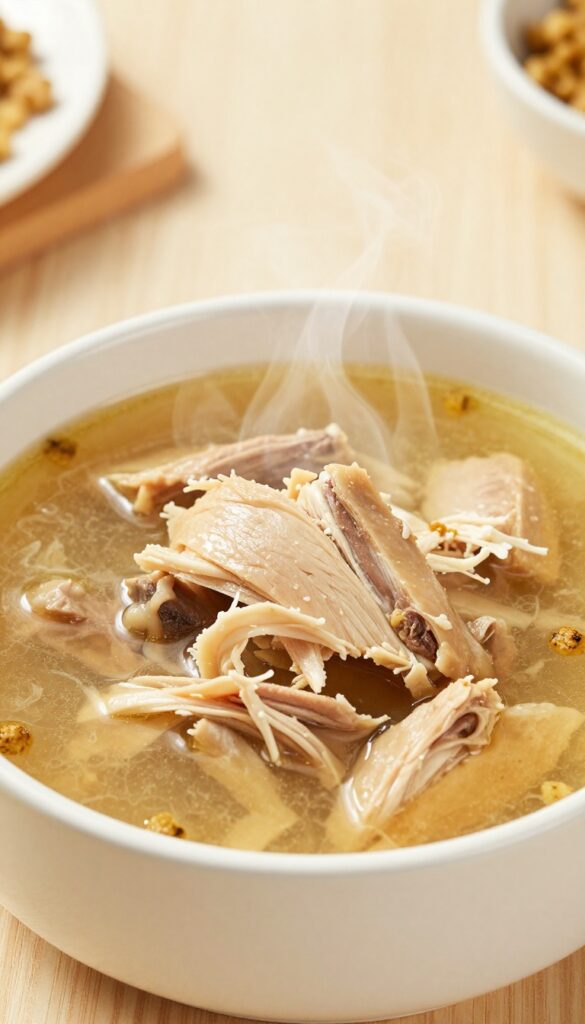 Close-up of a dog bowl with bone broth gravy and shredded chicken over kibble, steam rising, photorealistic pet food photography