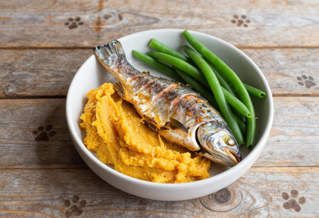Homemade trout dog food in a bowl with sweet potato and green beans