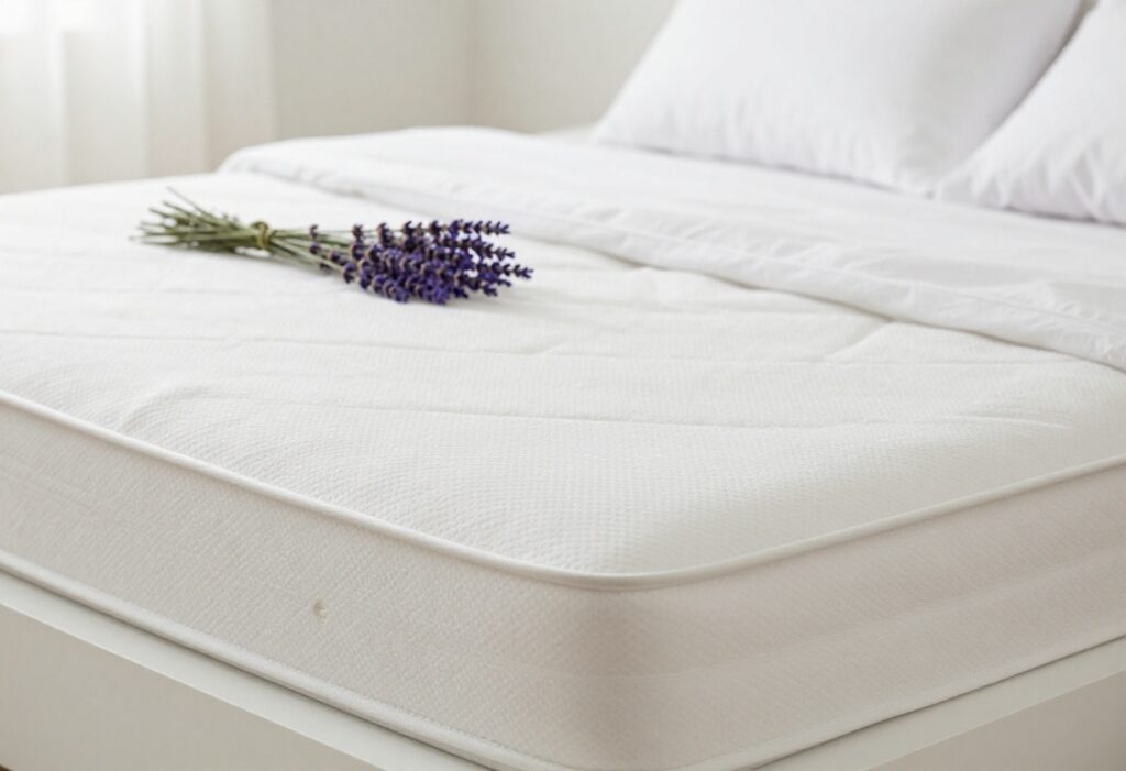 Clean white mattress with lavender sprigs in bright room