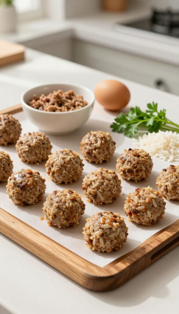 Homemade beef and rice dog meatballs on a baking sheet, with raw ingredients on the side, natural lighting, pet-blog style.