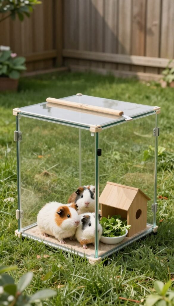 Guinea pigs in a repurposed cold frame greenhouse with open lid and fleece bedding in a sunny garden