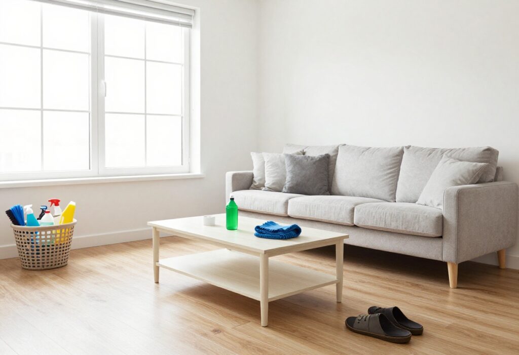 Clean and organized living room with cleaning supplies in a basket