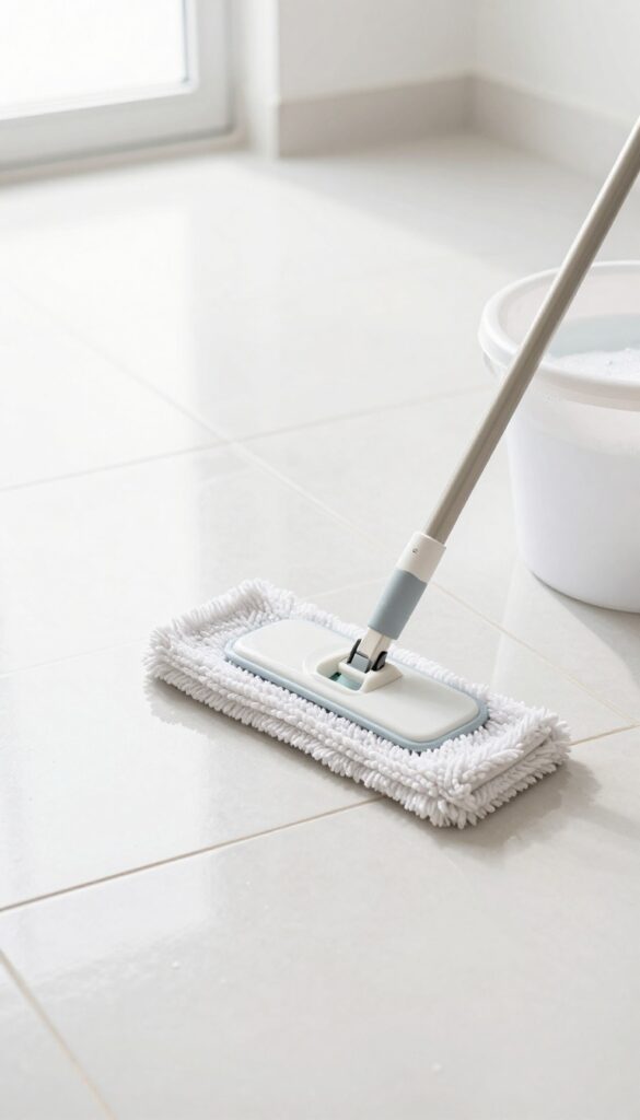 A person mopping a shiny tile floor with a microfiber mop, bucket of water nearby, bright natural light, clean grout lines.