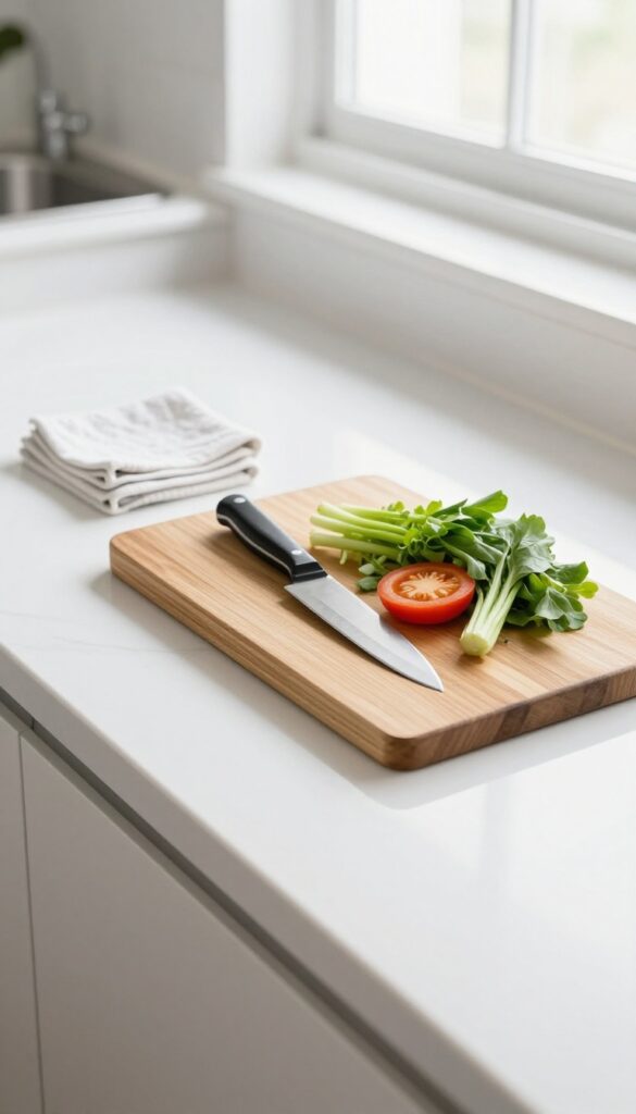 Clean kitchen counter with cutting board, knife, vegetables, and a damp cloth, natural light