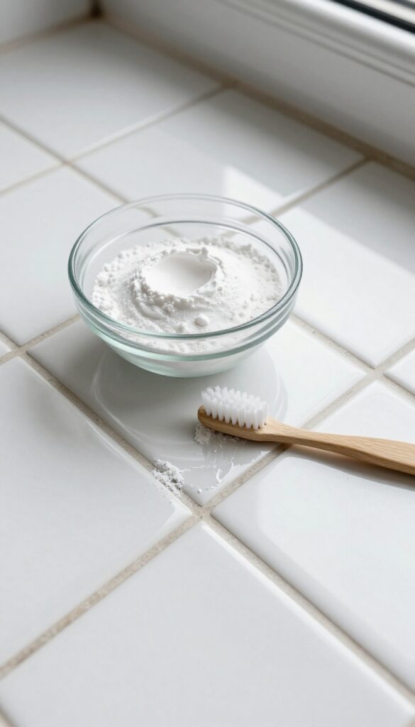 Close-up of bathroom tiles with DIY grout cleaner paste in a bowl and toothbrush, bright natural light.