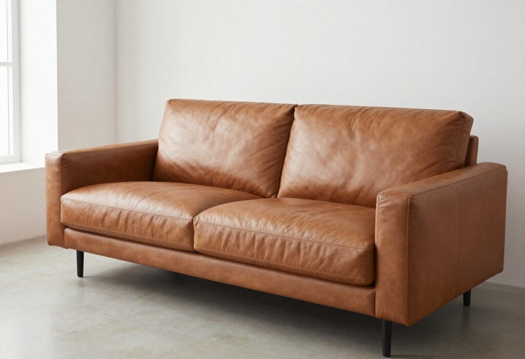 A clean leather couch with a shiny surface in a bright living room