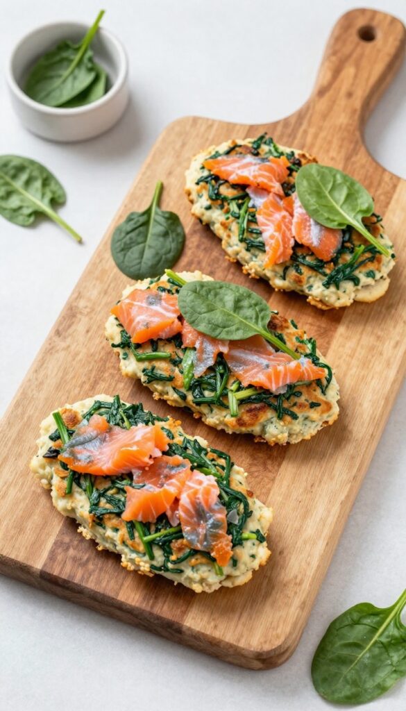 Homemade salmon and spinach dog patties arranged on a wooden board with fresh spinach and salmon nearby.