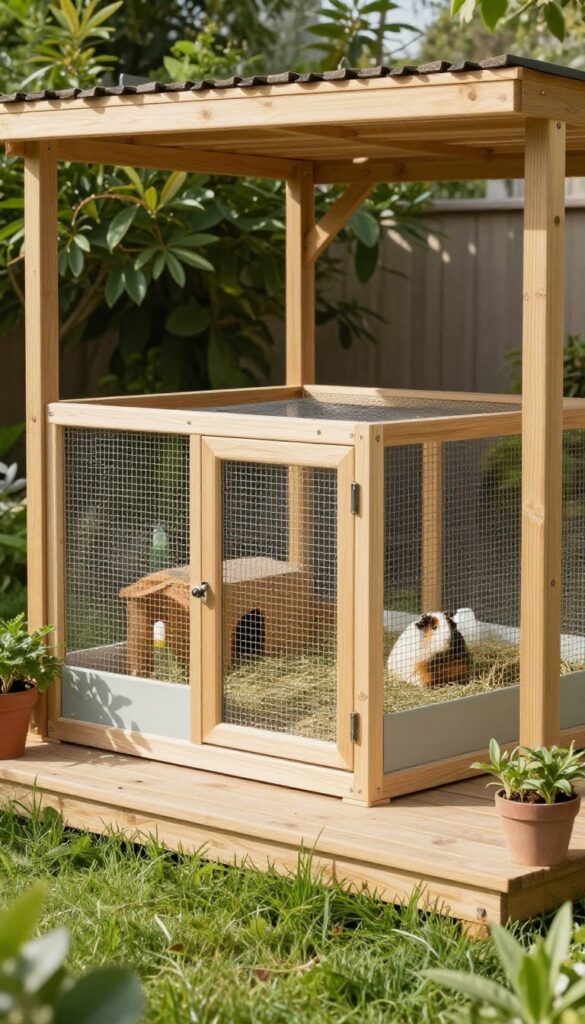 Under-deck guinea pig enclosure with mesh sides, hinged door, and waterproof base in natural light