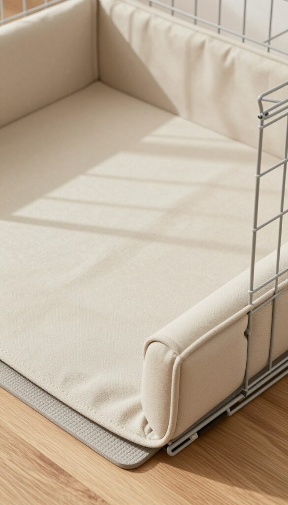 DIY dog crate mat made from yoga mat with fabric cover inside wire crate
