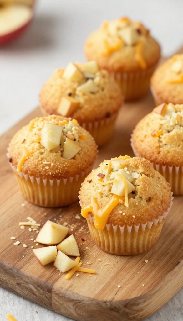 Homemade grain-free apple cheddar mini muffins for dogs, made with almond flour, on a wooden board.
