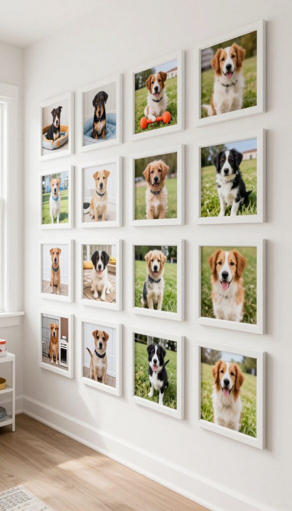 Photo wall timeline of a dog from puppy to adult in matching frames on a hallway wall