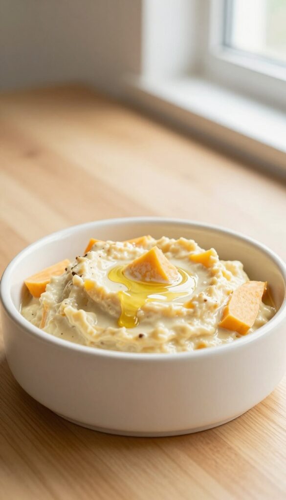 Homemade parsnip and sweet potato mash for dogs in a bowl, topped with coconut oil, natural lighting.