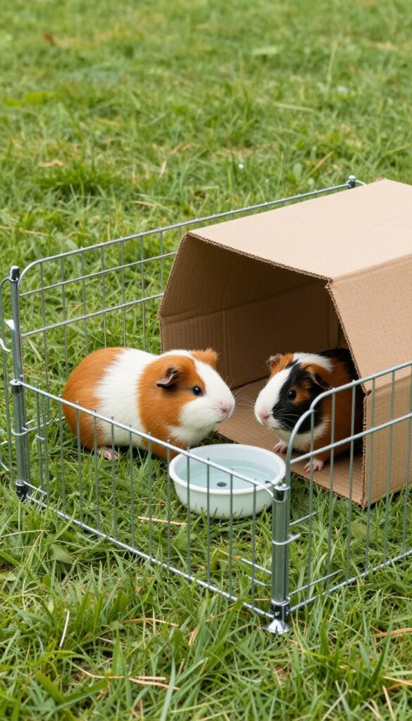 Guinea pigs in a metal dog exercise pen with ground stakes, shaded tarp, and enrichment items on a sunny lawn.