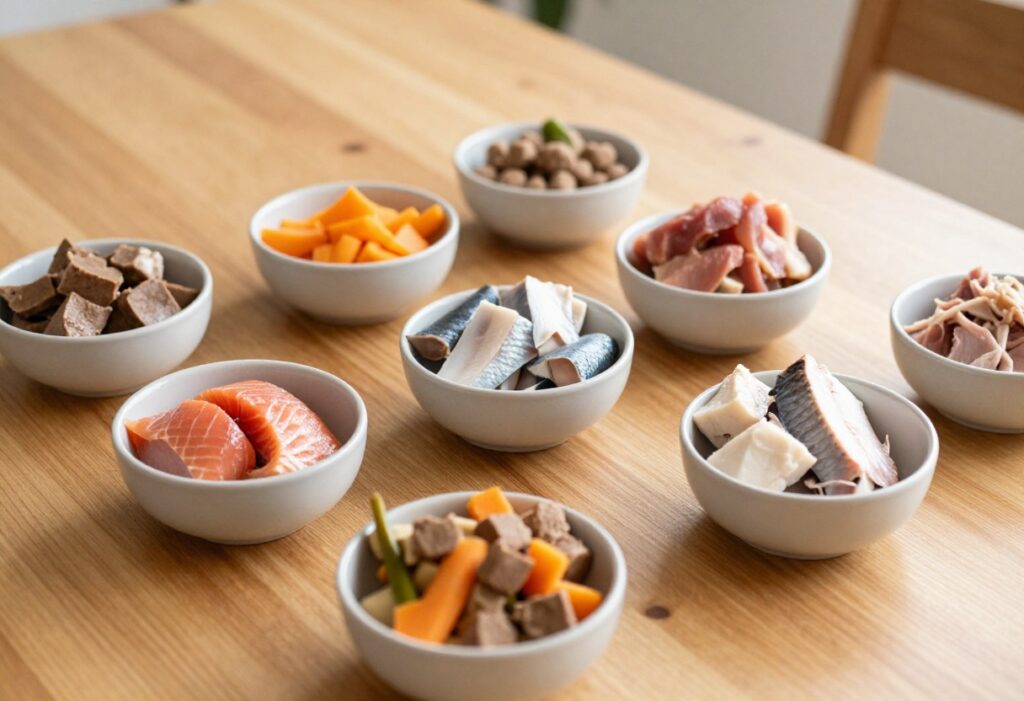 Overhead view of eight small bowls of homemade dog food with different proteins and vegetables on a wooden table.