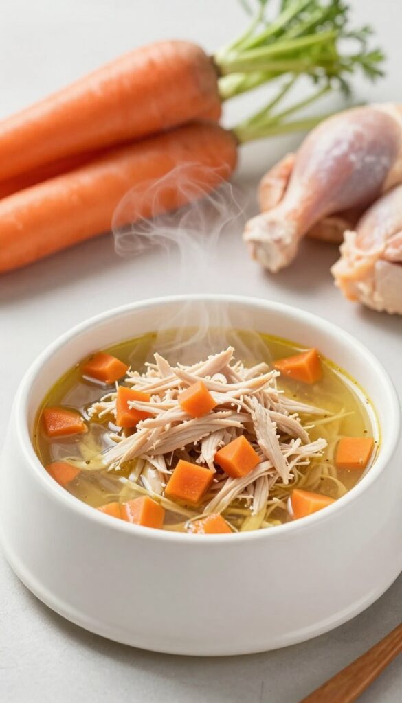 Homemade chicken and carrot dog stew in a bowl, with shredded chicken and tender carrot pieces in broth, served as a dog meal or kibble topper.