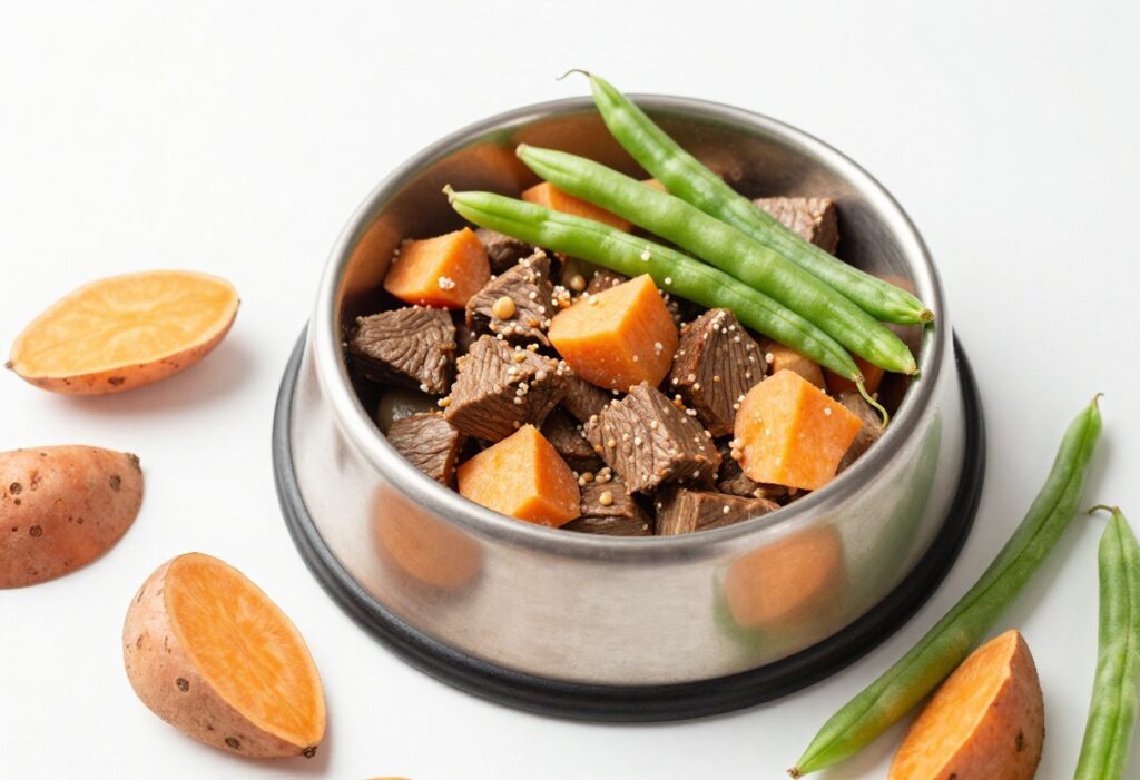 Homemade dog food bowl with beef and sweet potato, no chicken, on a clean white surface.