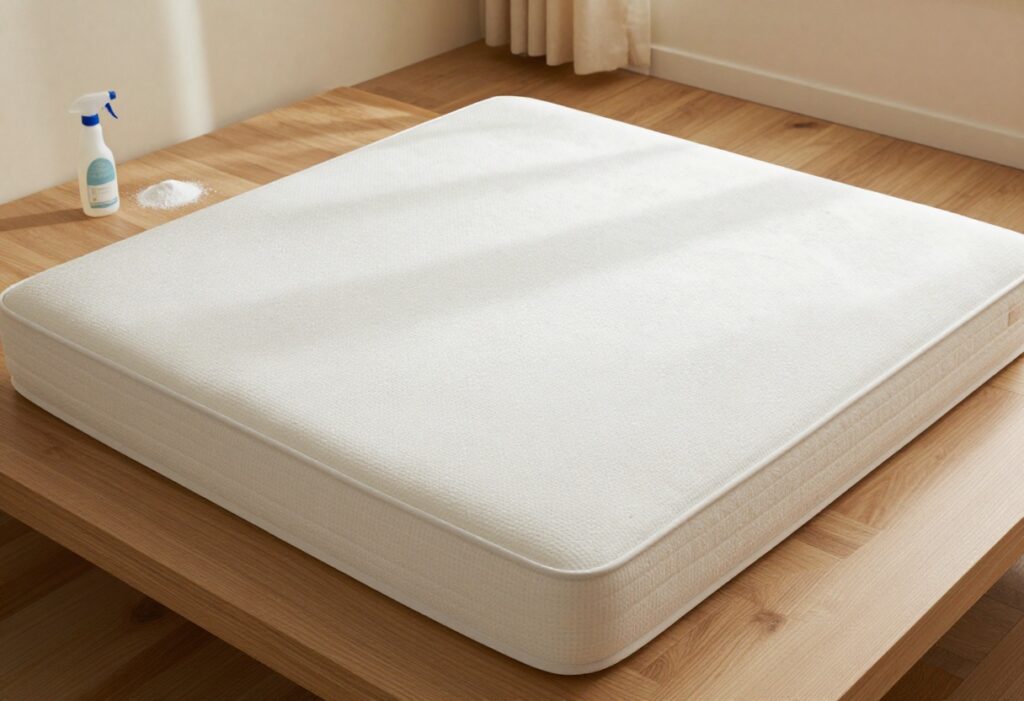 Clean white mattress with cleaning supplies like baking soda and spray bottle