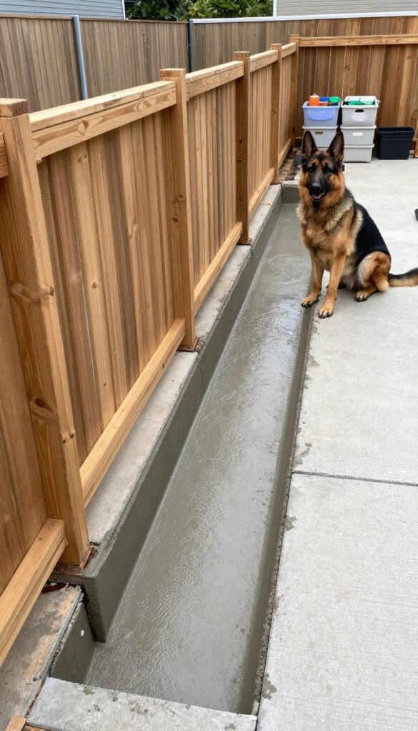 Concrete fence footer installation in backyard with dog watching