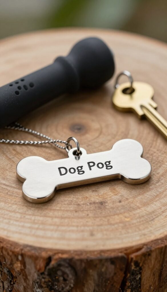 Personalized bone-shaped dog tag on wood with tag silencer and key