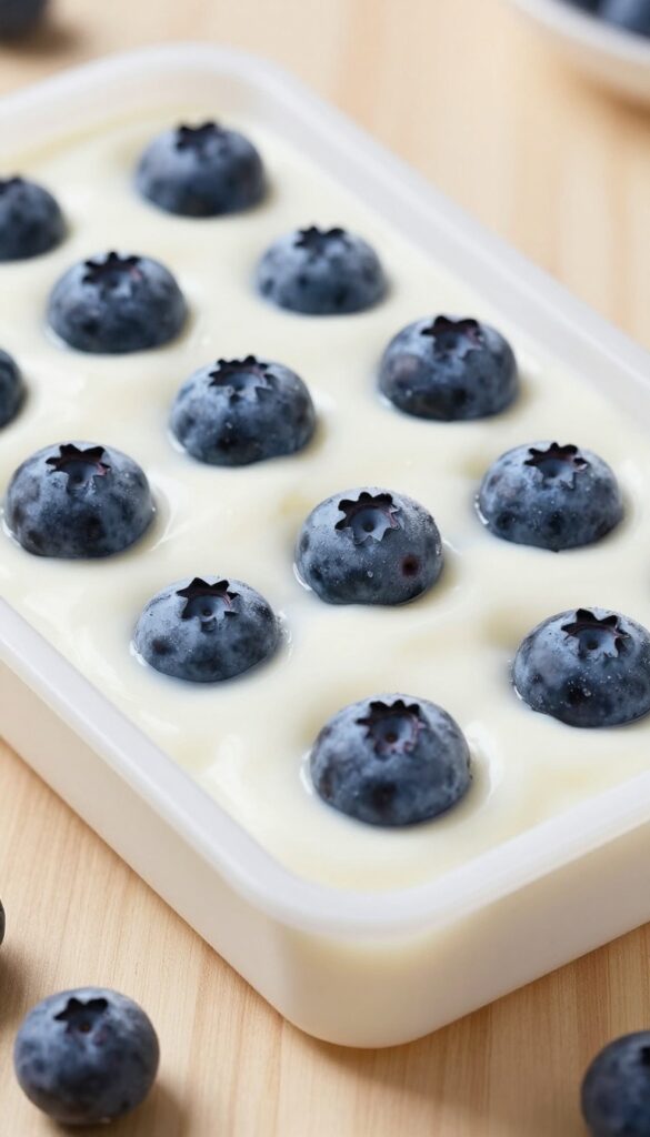 Frozen bison and blueberry yogurt dog treats in a silicone mold tray, homemade frozen dog pops for cooling rewards.